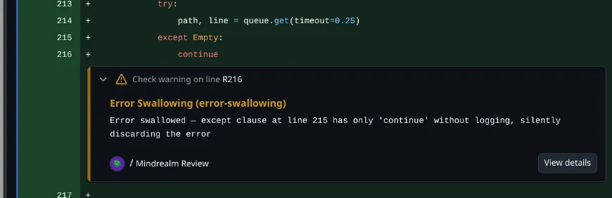 Mindrealm flagging a swallowed error inline on a GitHub pull request, with a fix the agent can apply