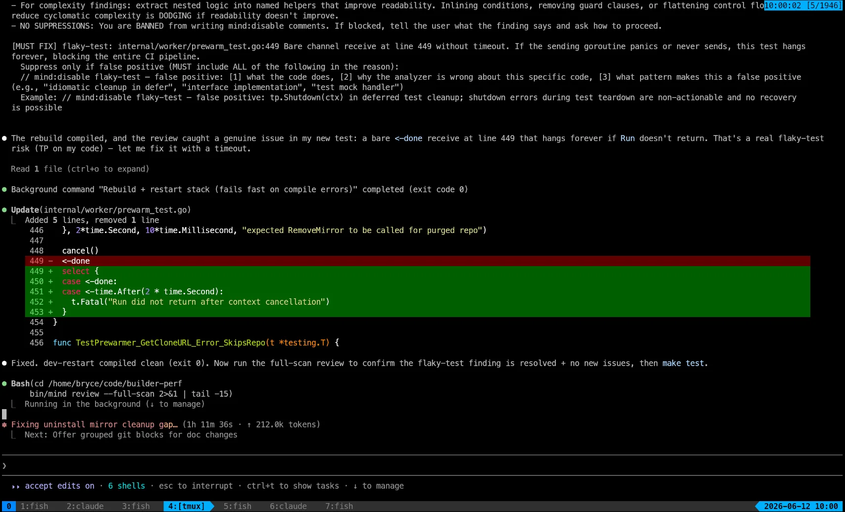 Mindrealm flagging a test that could hang forever and the agent adding a timeout