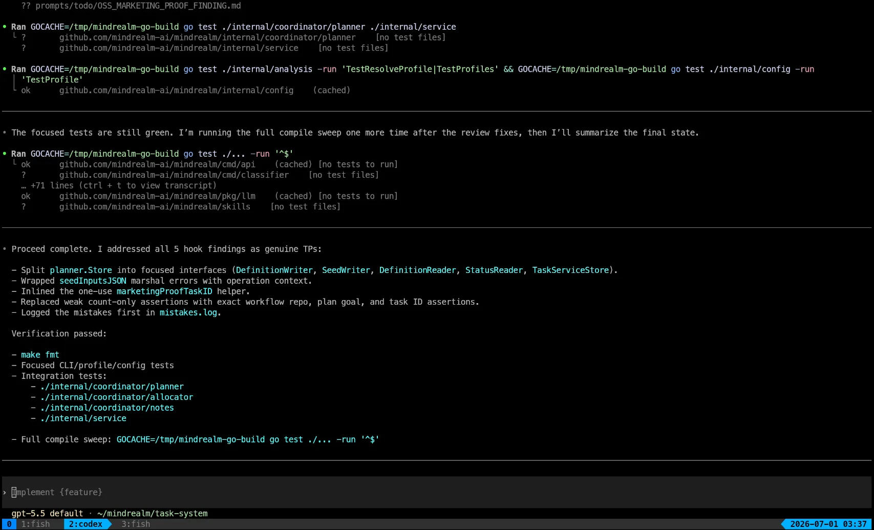 The agent summarizing five completed fixes after Mindrealm verification and the test suite pass